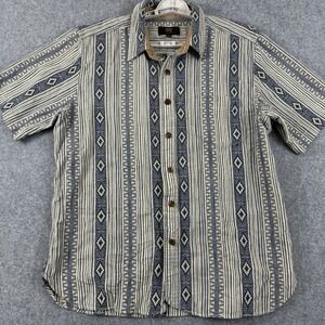 Frye Blue & White Summer IKAT Woven Button Up‎ Short Sleeve Shirt Men's XL